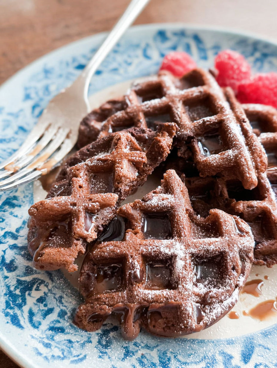 A plate of chocolate waffles with raspberries on top.