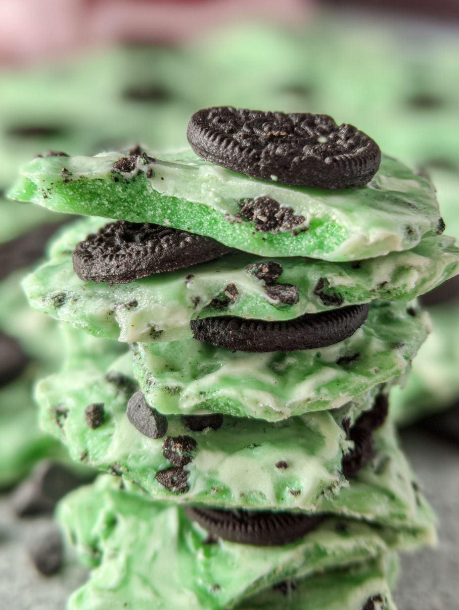 A stack of mint Oreo bark.
