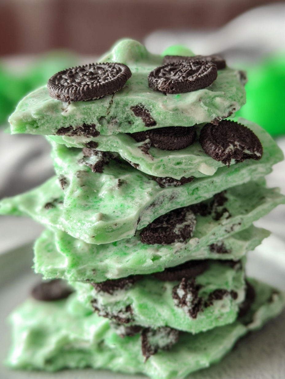 A stack of mint and chocolate Oreo bark.