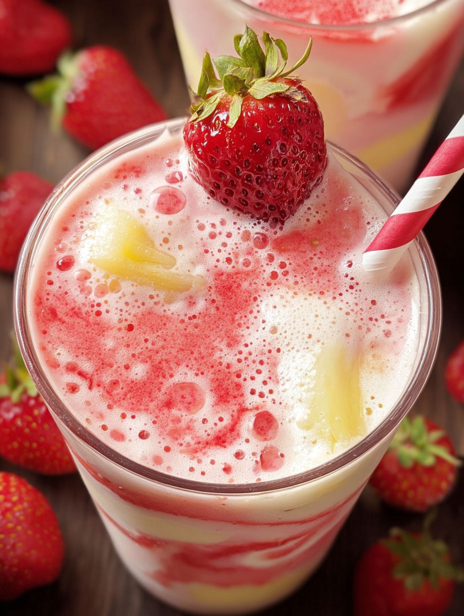 A glass of strawberry colada smoothie with a strawberry on top.