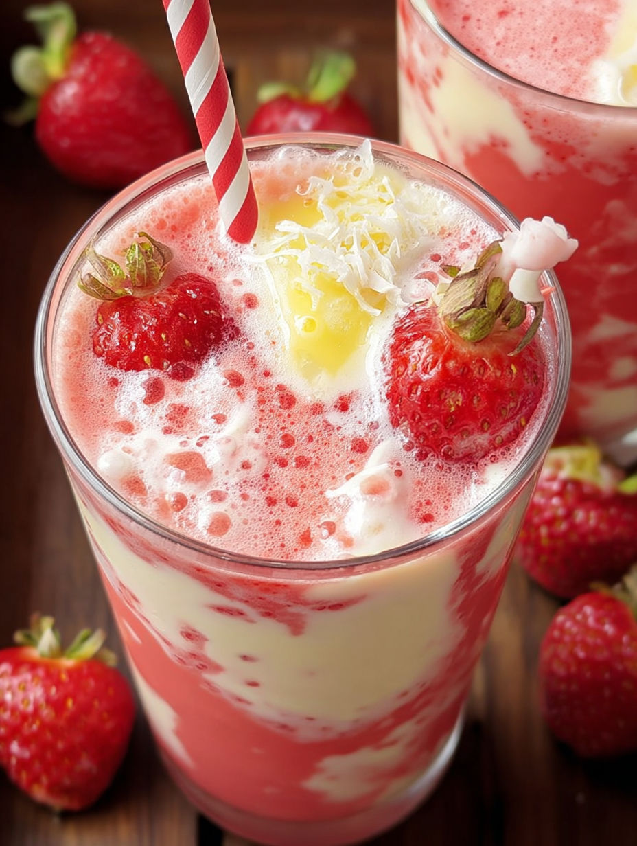 A glass of strawberry colada smoothie with a strawberry on top.