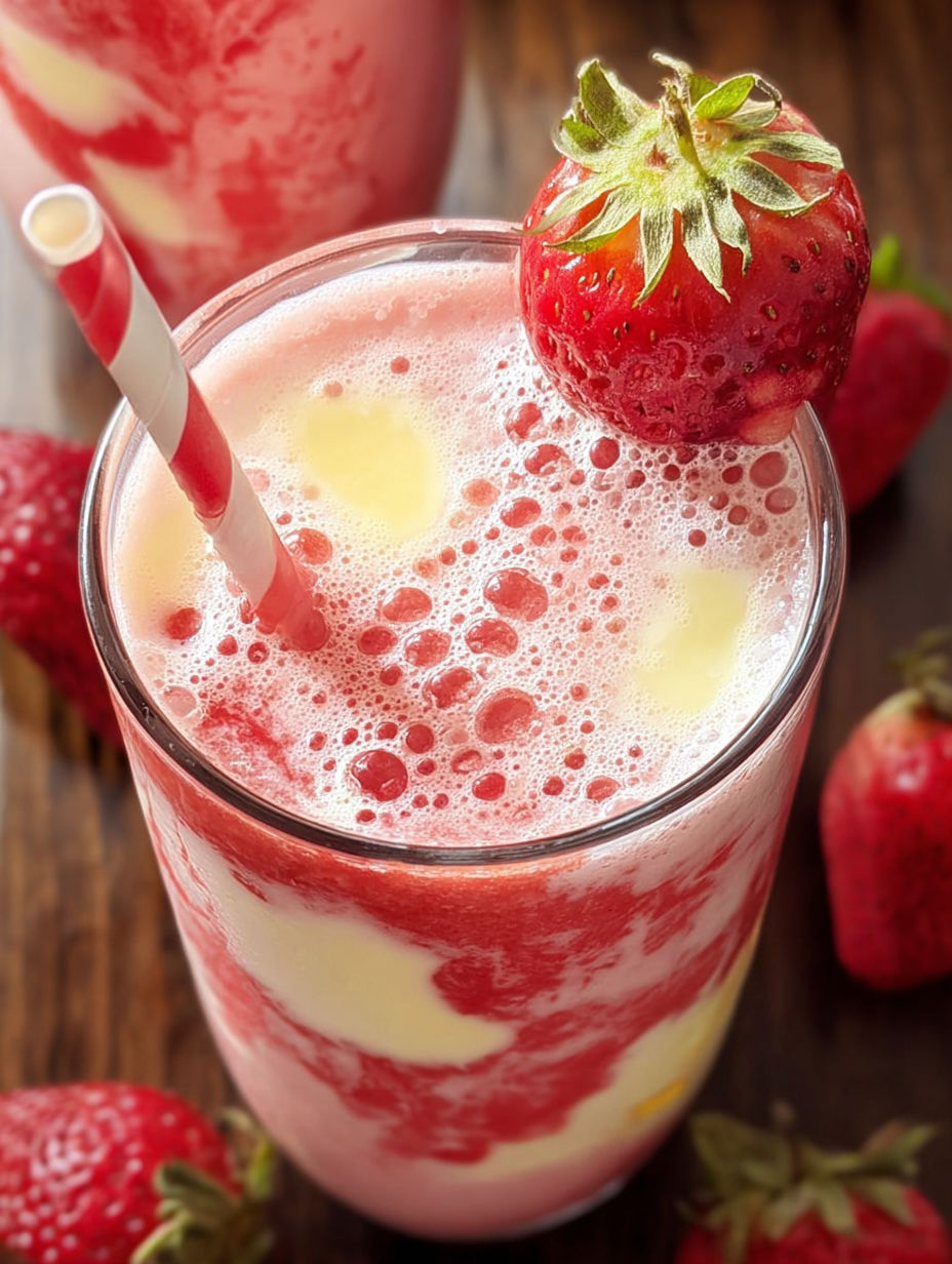 A glass of strawberry colada smoothie with a strawberry on top.