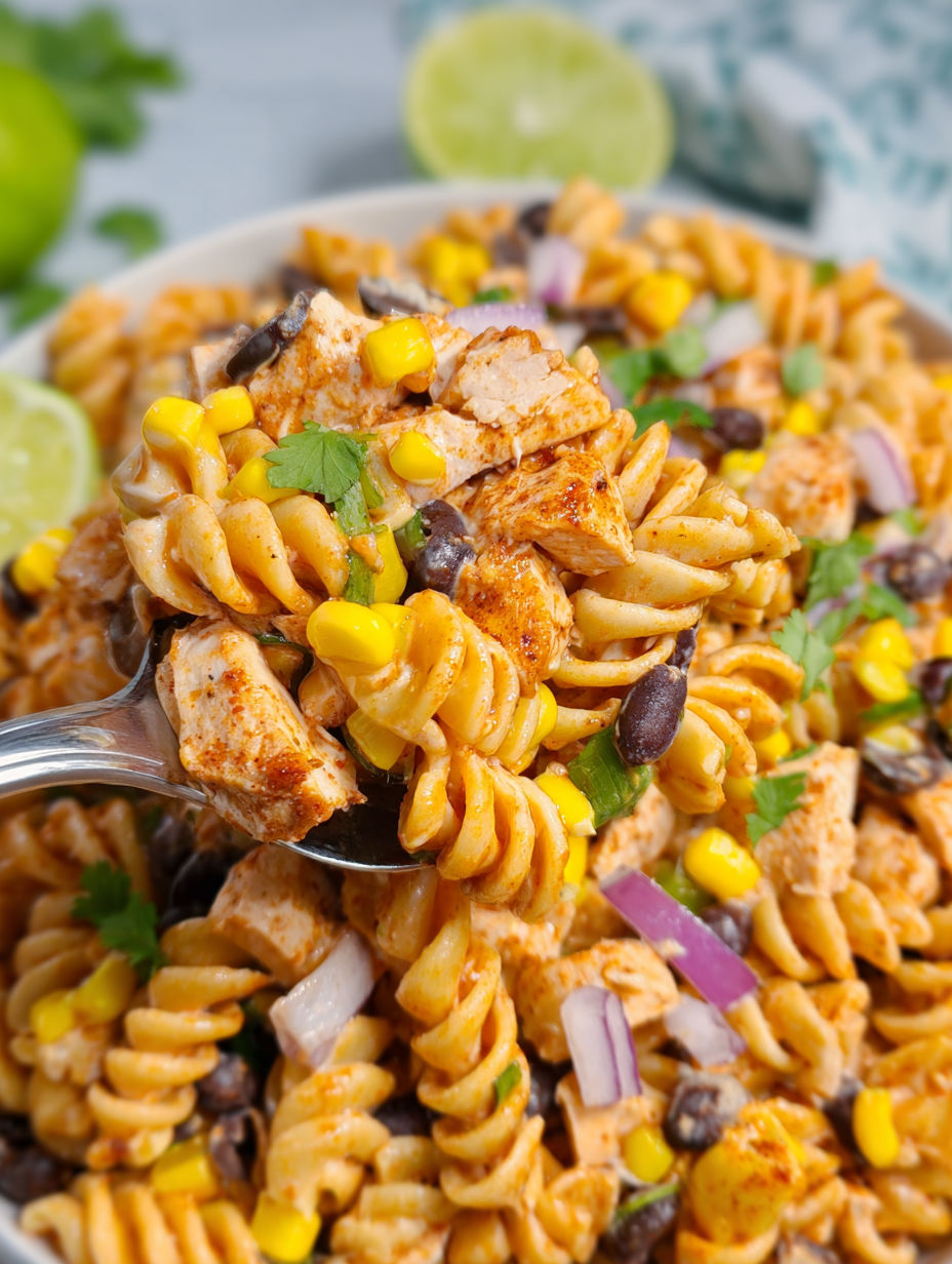 A bowl of pasta with chicken and vegetables.