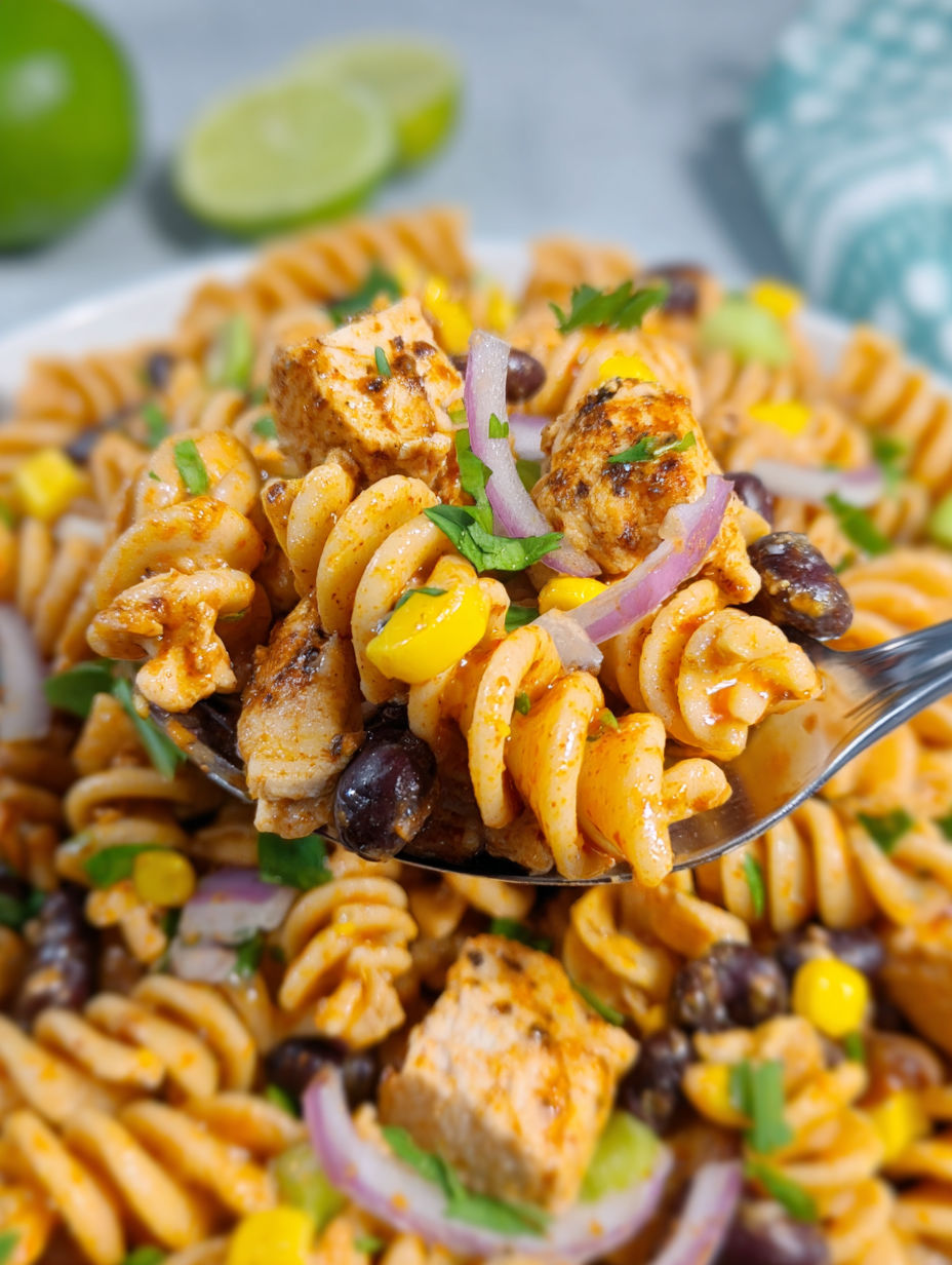 A fork full of pasta with chicken and vegetables.