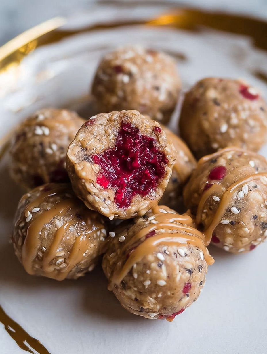A plate of peanut butter and jelly protein balls.