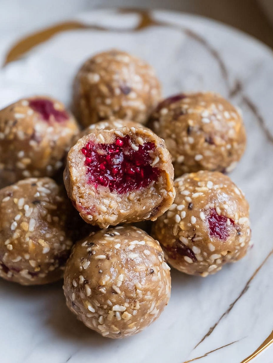 A plate of peanut butter and jelly protein balls.