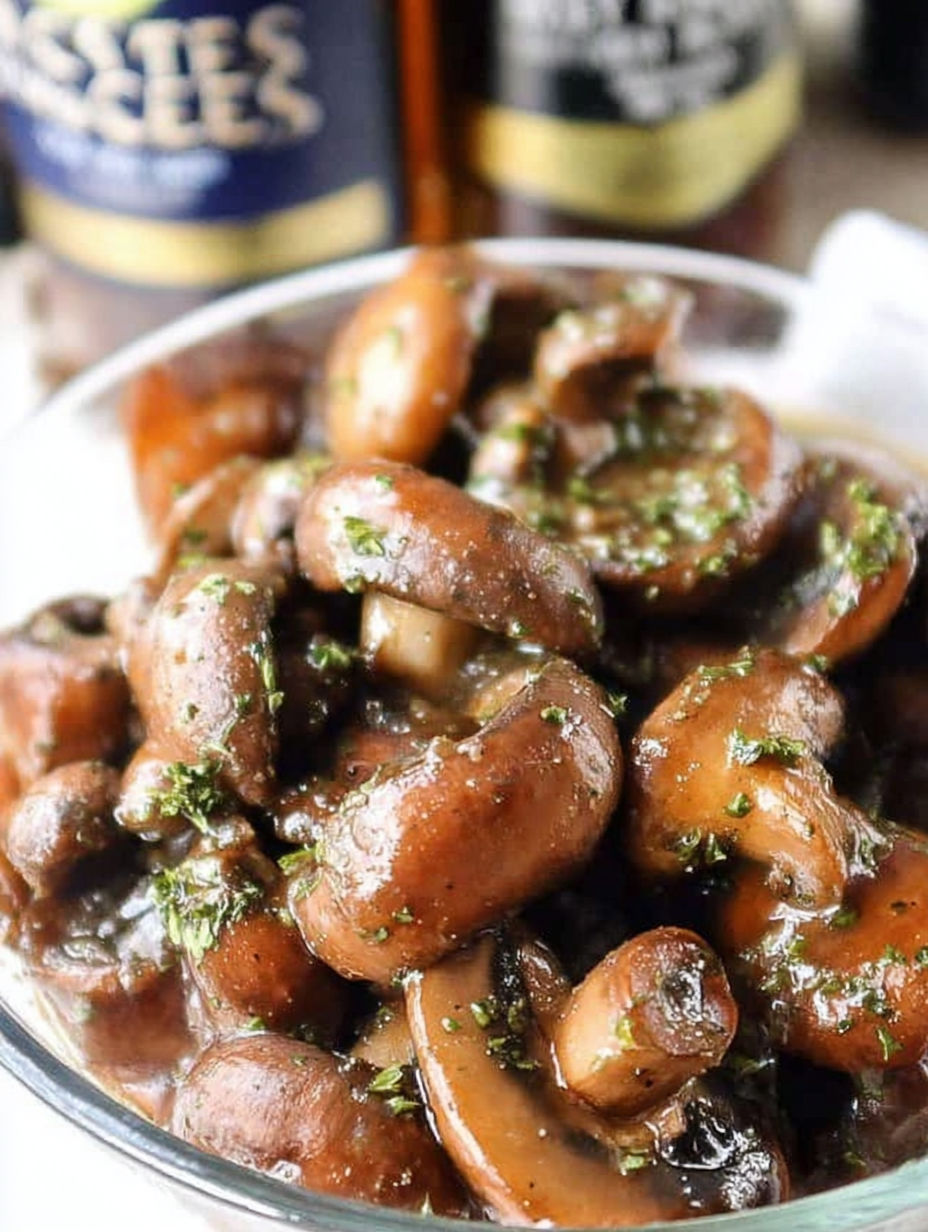A bowl of mushrooms with a green garnish.