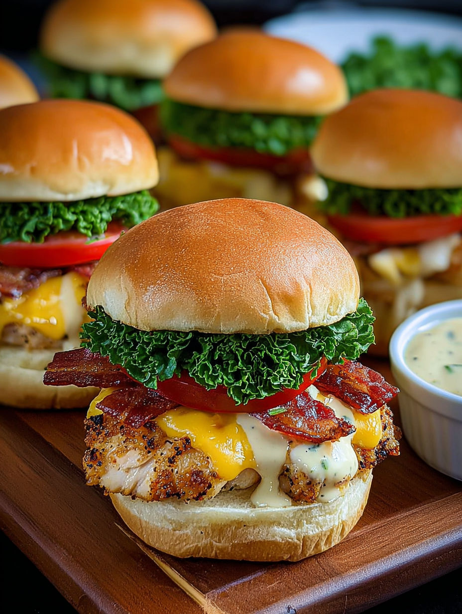 A plate of chicken sliders with lettuce and tomato.