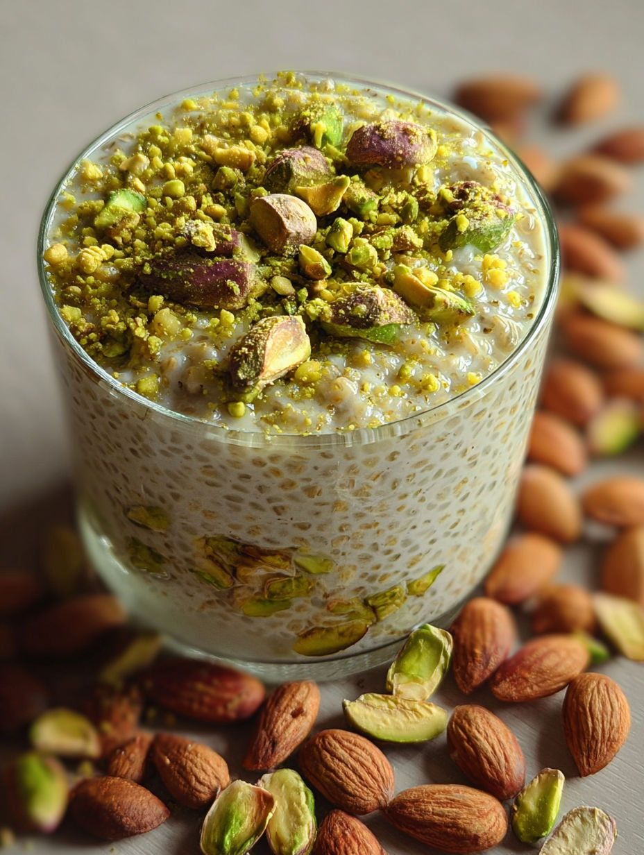 A glass of pistachio overnight oats.