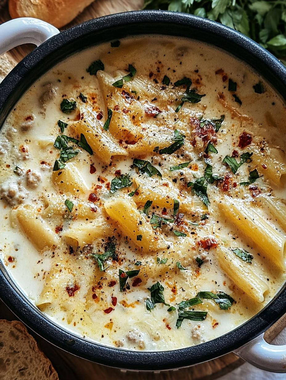 A bowl of white lasagna soup with noodles and cheese.