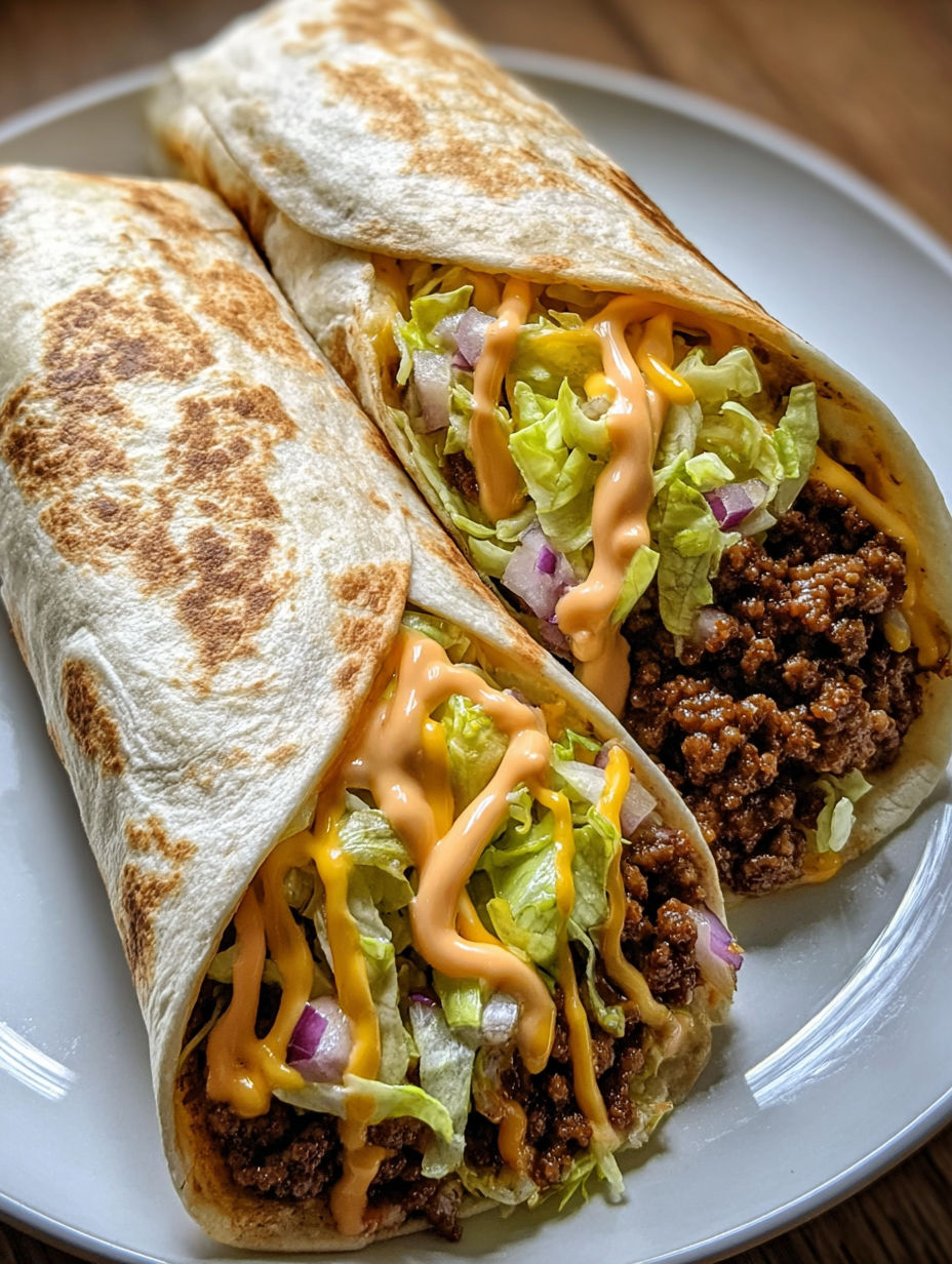 Two homemade big mac wraps with special sauce.