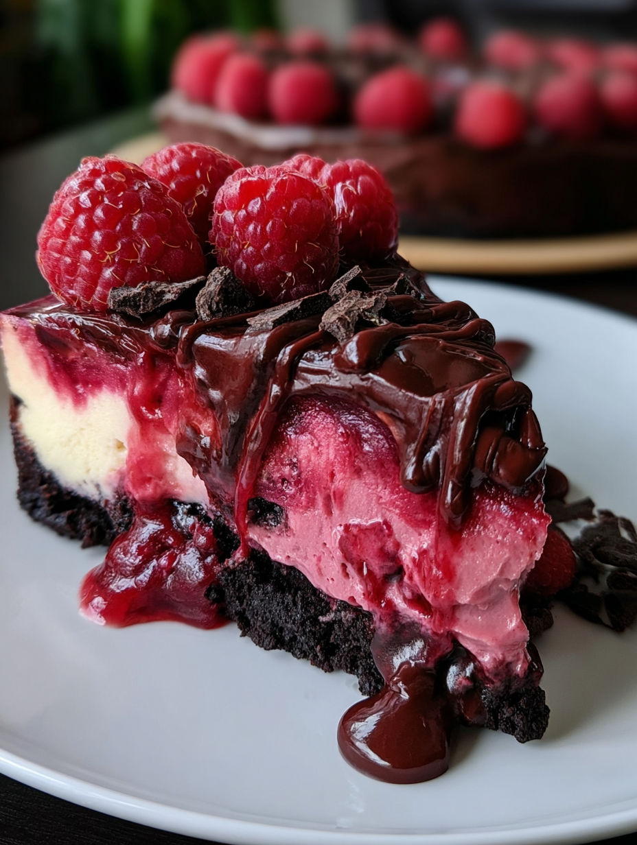 A slice of dark chocolate raspberry cheesecake.