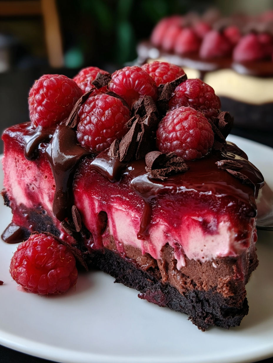 A slice of dark chocolate raspberry cheesecake.