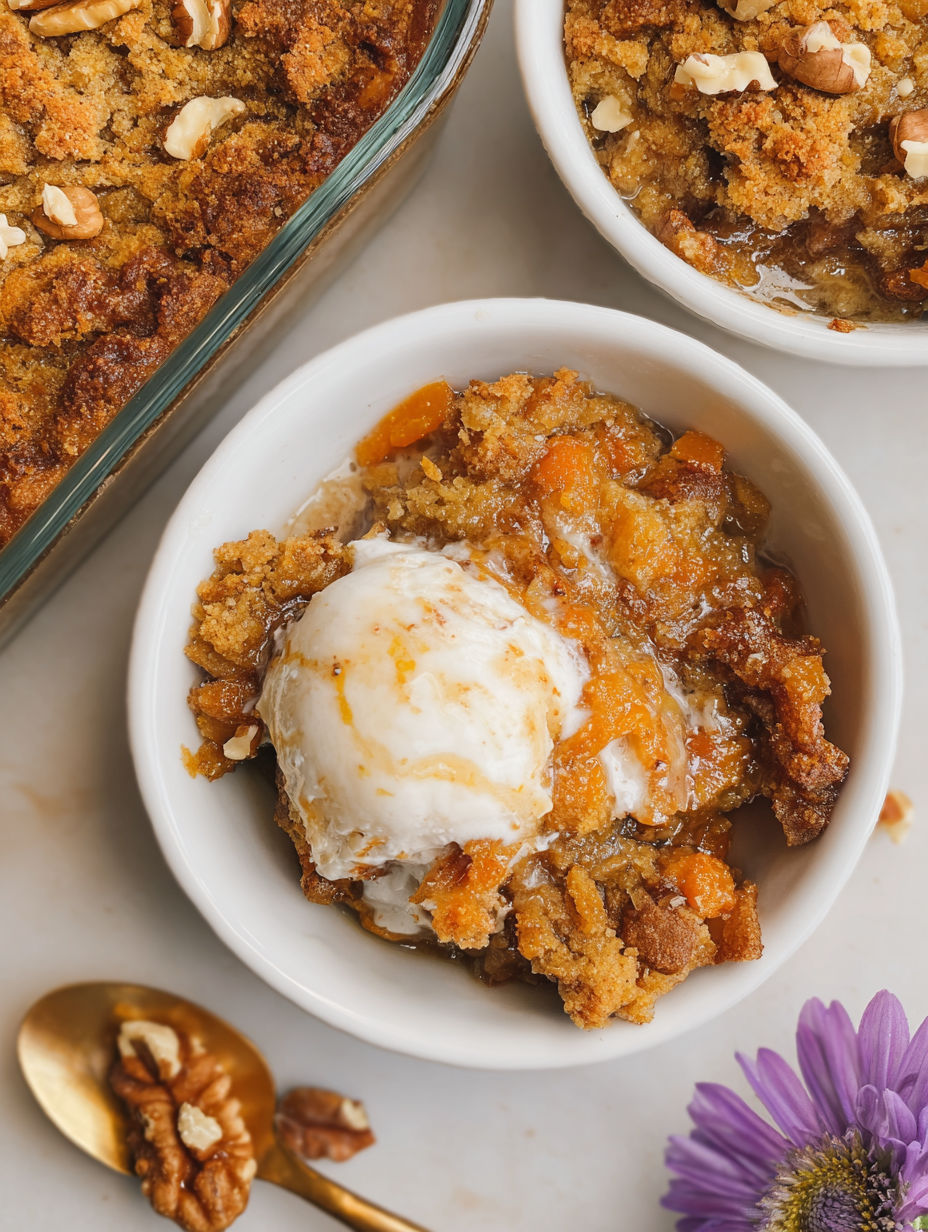 A bowl of carrot cake cobbler with a scoop of ice cream on top.