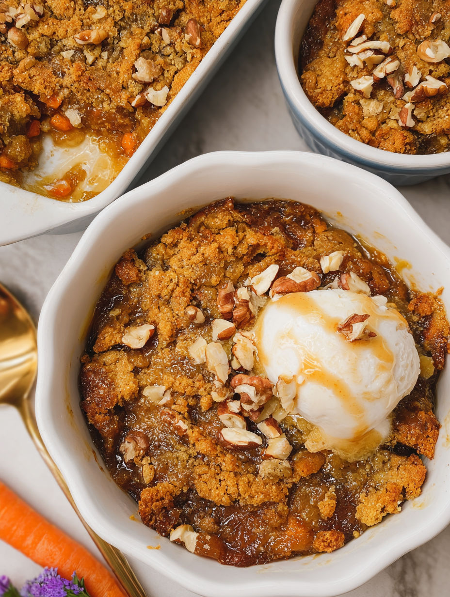A bowl of carrot cake cobbler with a scoop of ice cream on top.