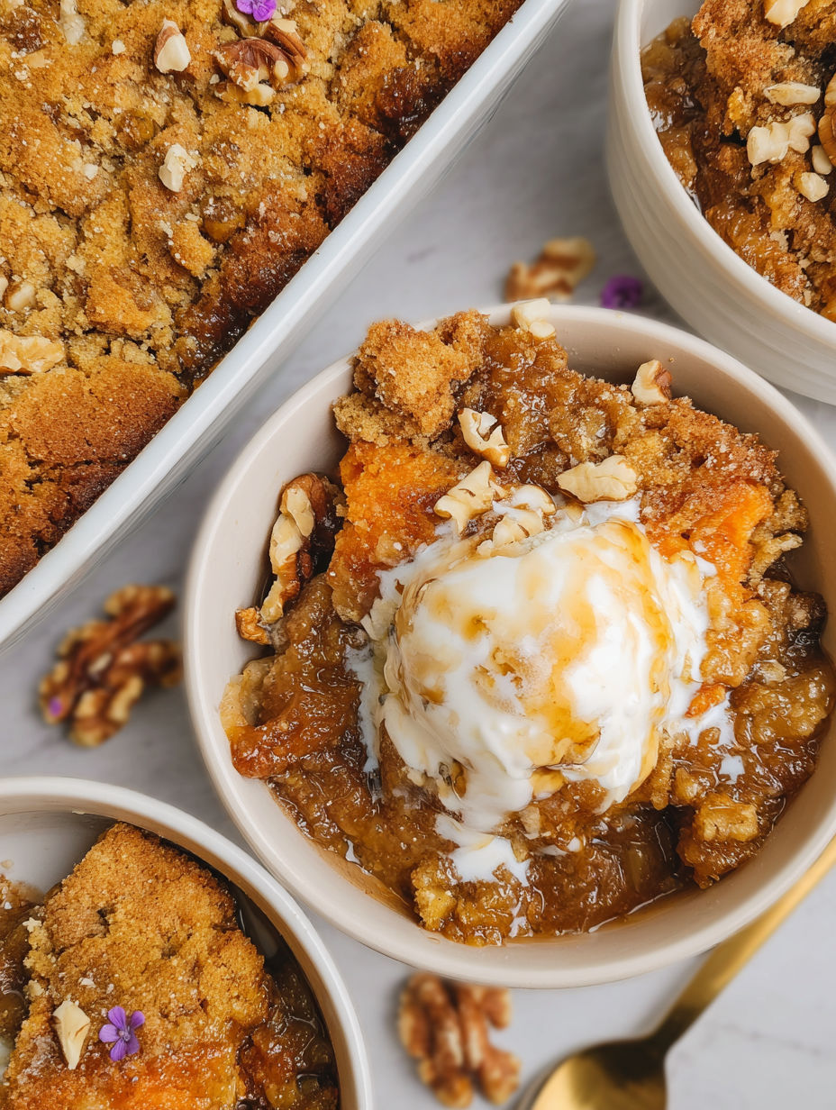 A bowl of carrot cake cobbler with a scoop of ice cream on top.