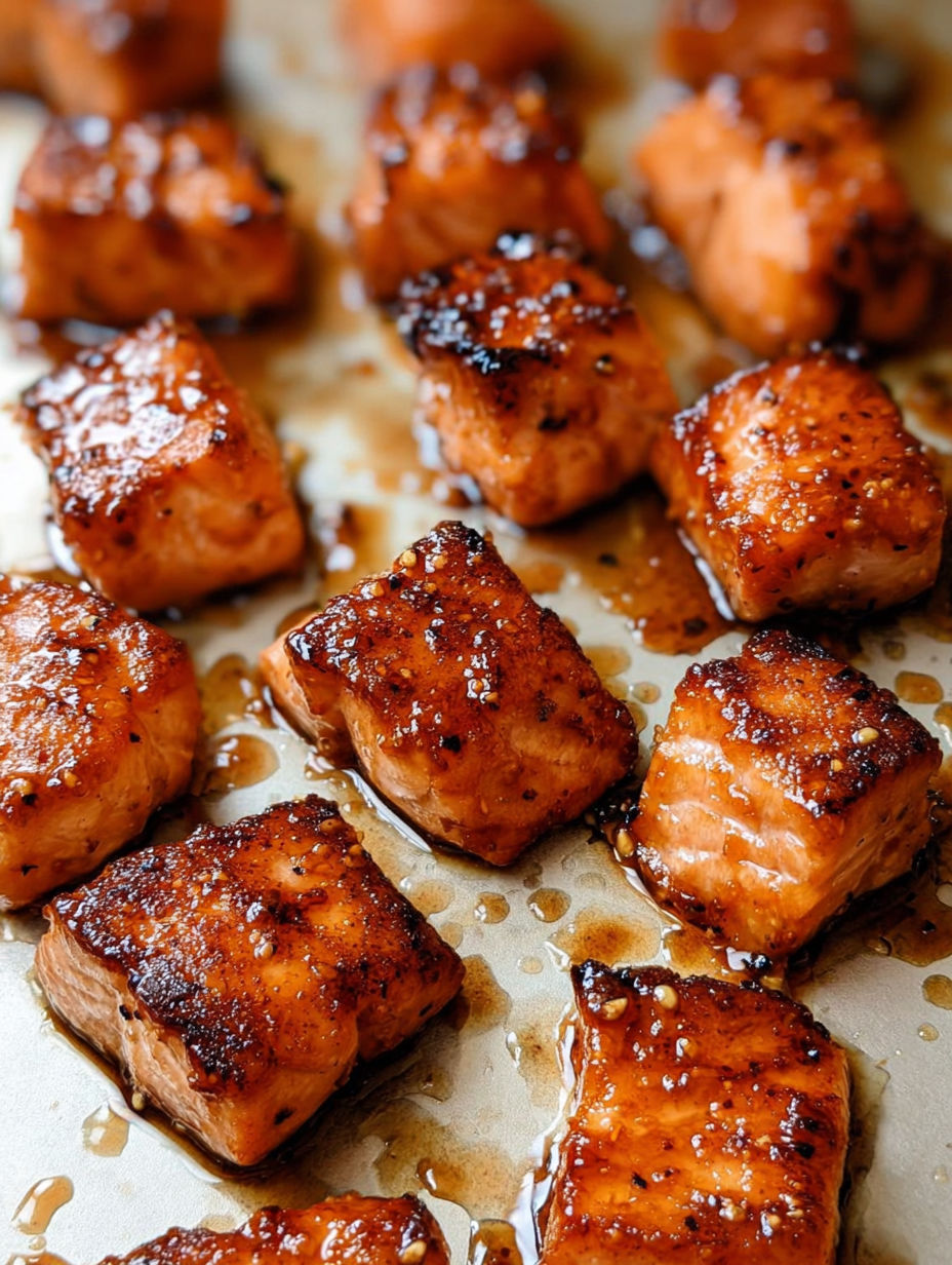 Hot honey salmon bites on a tray.
