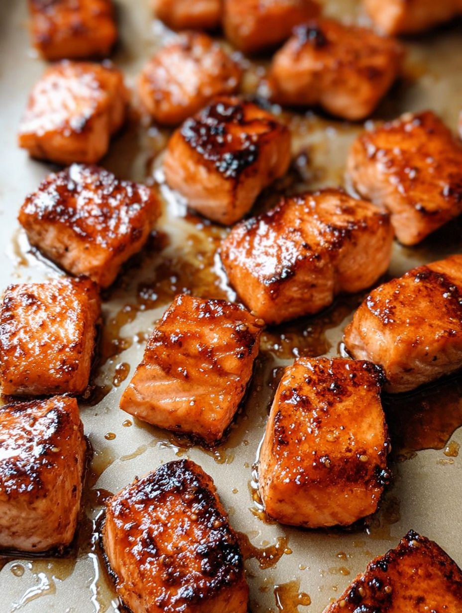 A pan of cooked salmon with honey drizzled over it.