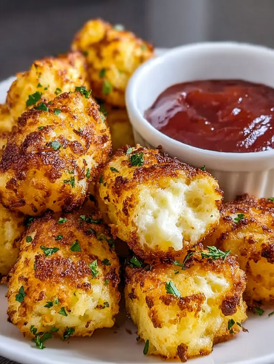 Two ingredient cottage cheese tots with ketchup.