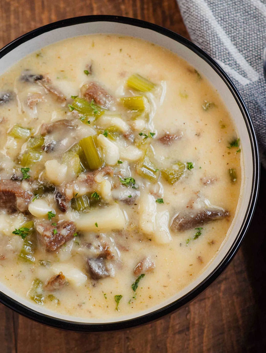 A bowl of soup with meat and vegetables.