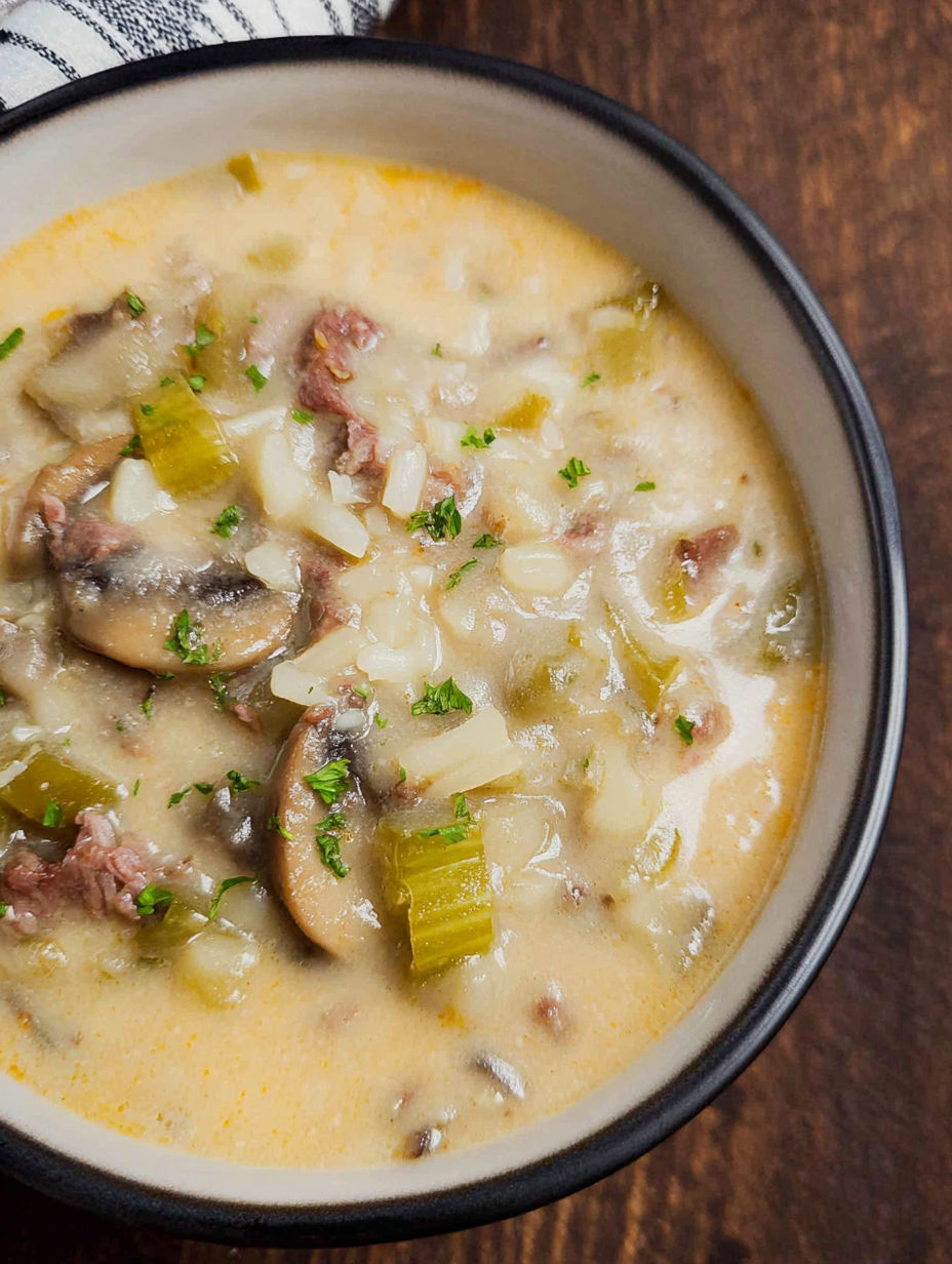 A bowl of soup with mushrooms and green onions.