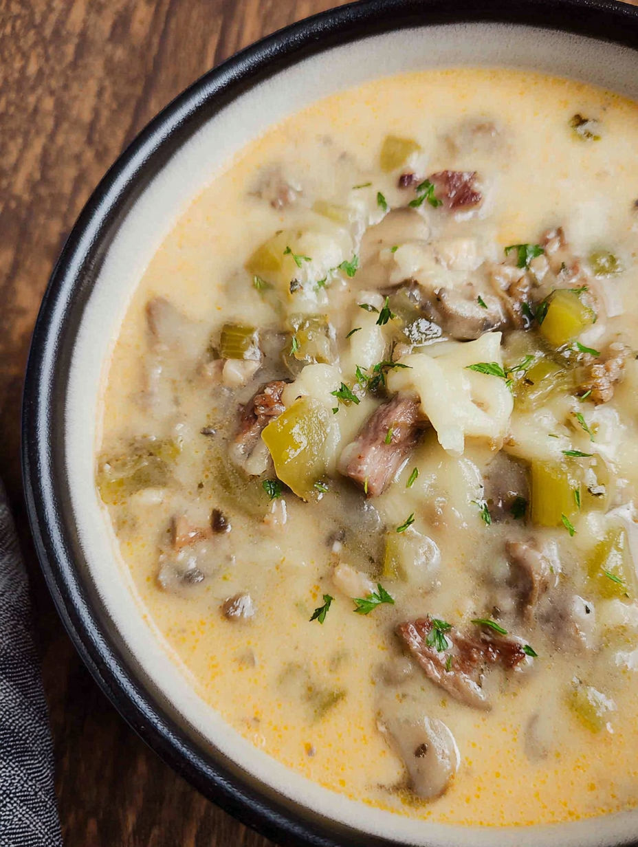 A bowl of soup with meat and vegetables.