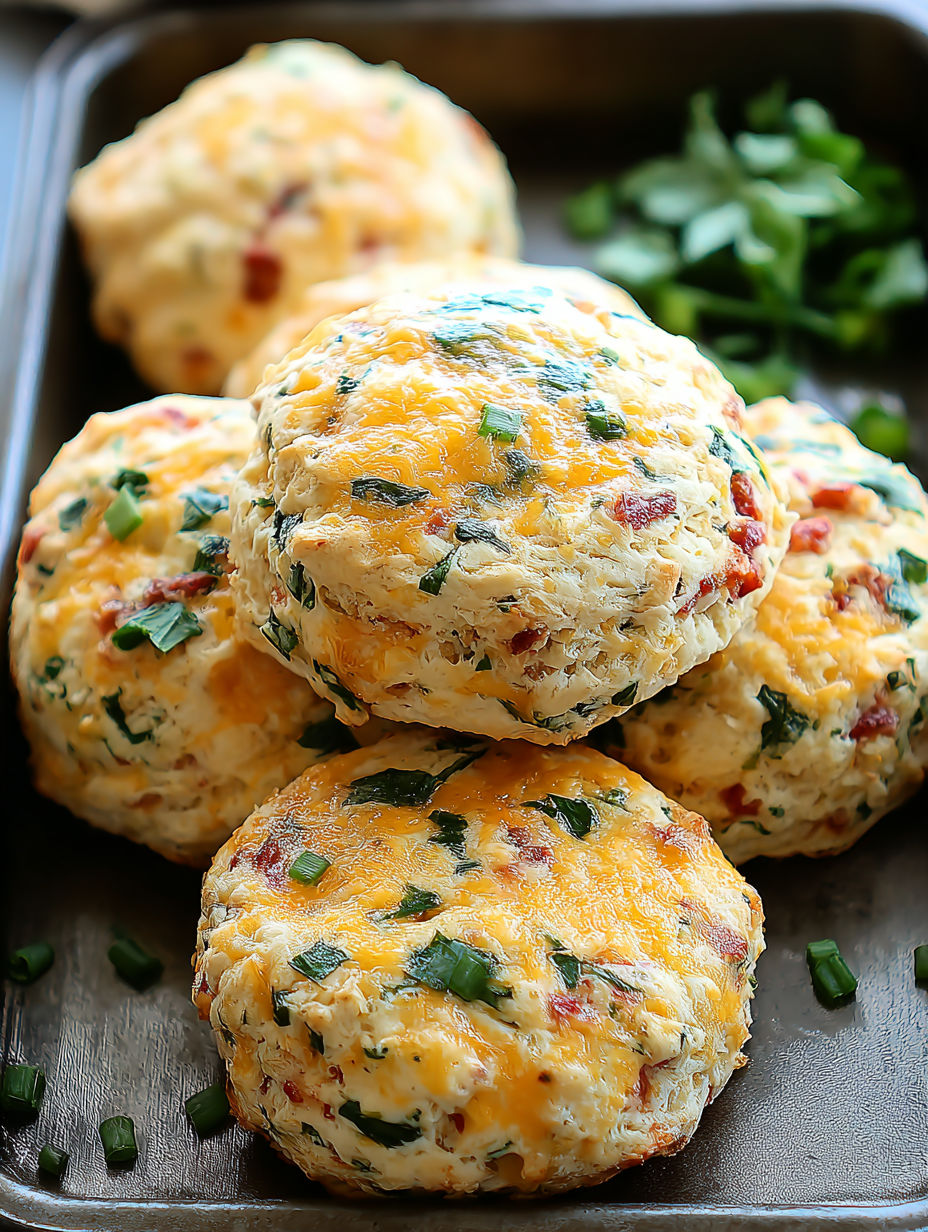 A plate of biscuits with cheese and green vegetables.