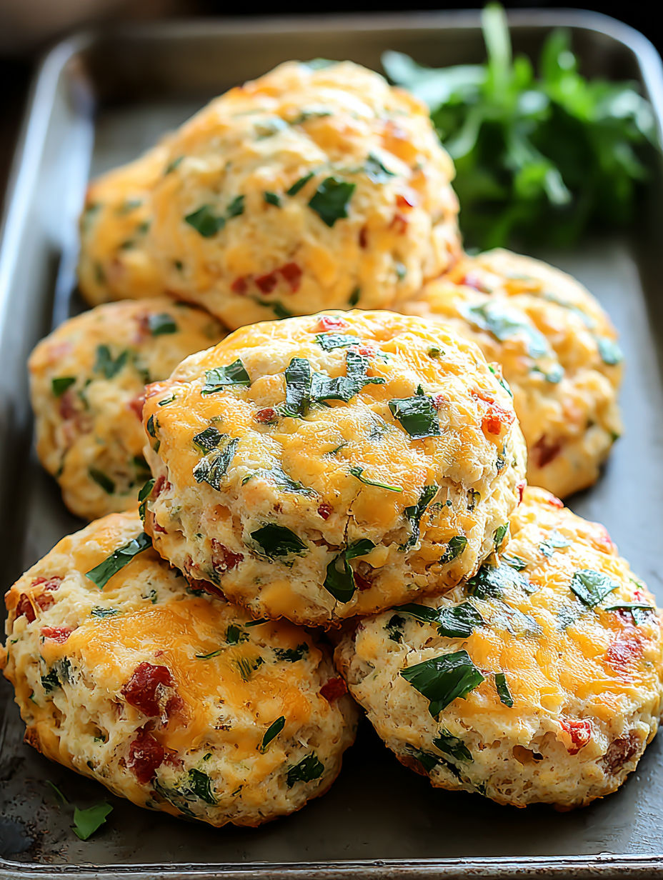 A stack of biscuits with cheese and spinach.