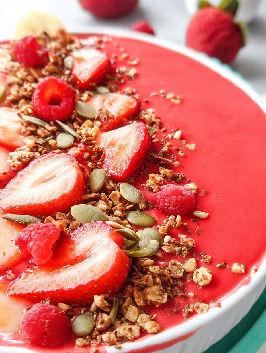 A bowl of strawberry smoothie with toppings of nuts and seeds.