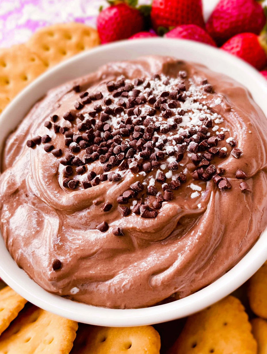 A bowl of brownie batter dip with chocolate chips on top.