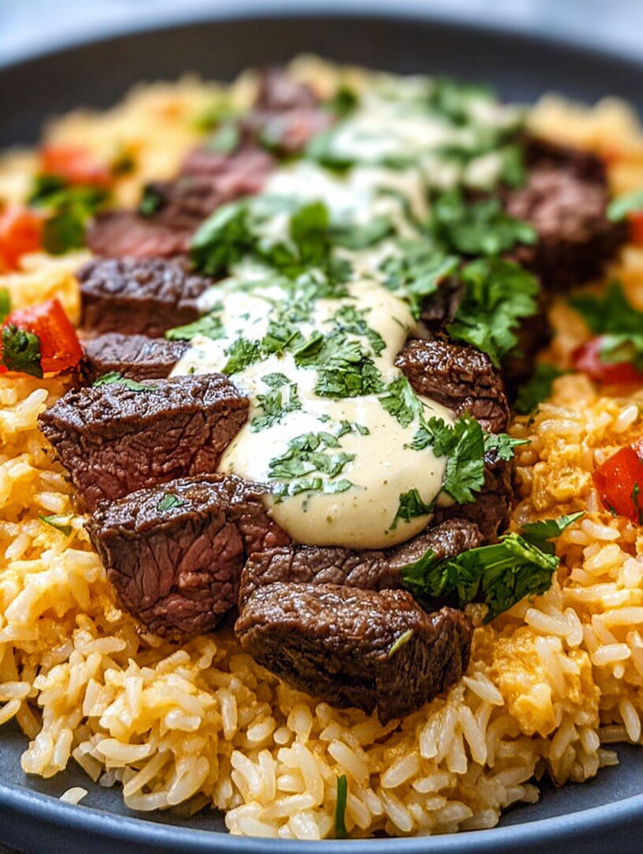 A plate of rice with meat and cheese on top.