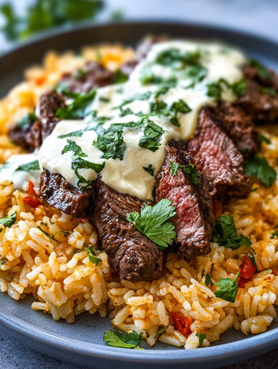 A plate of steak and queso rice.