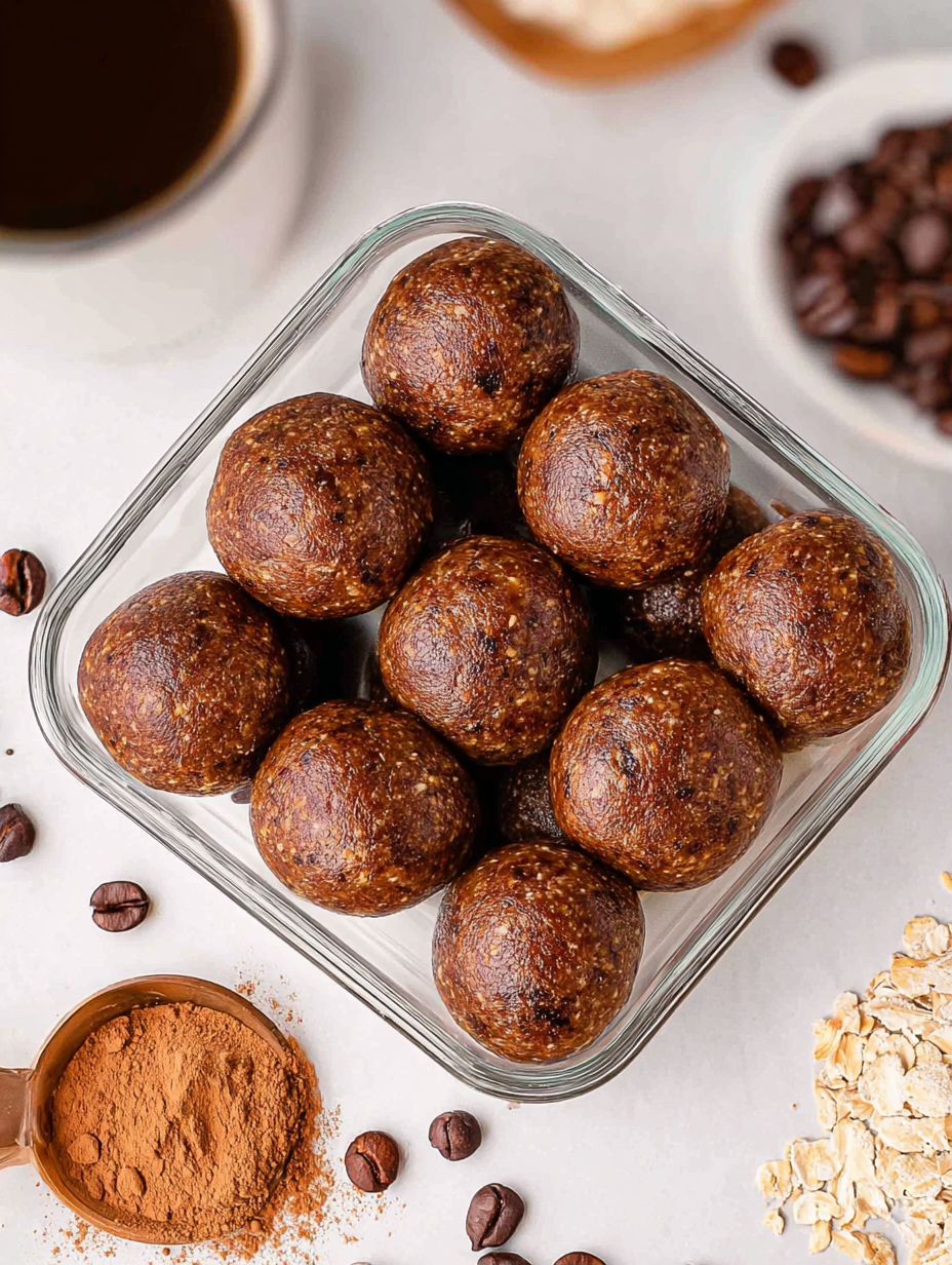 A glass container filled with energy bites.