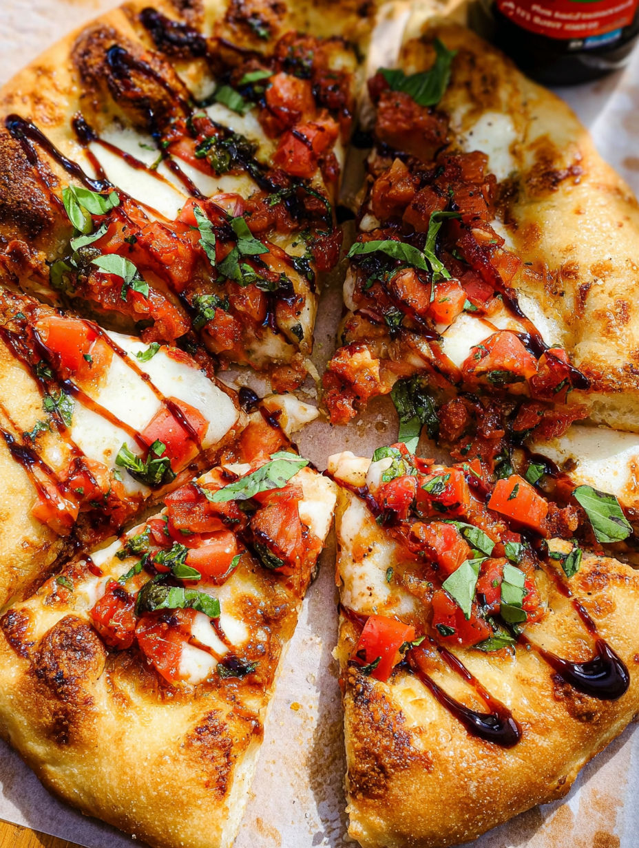 A slice of Bruschetta pizza with tomatoes and basil.