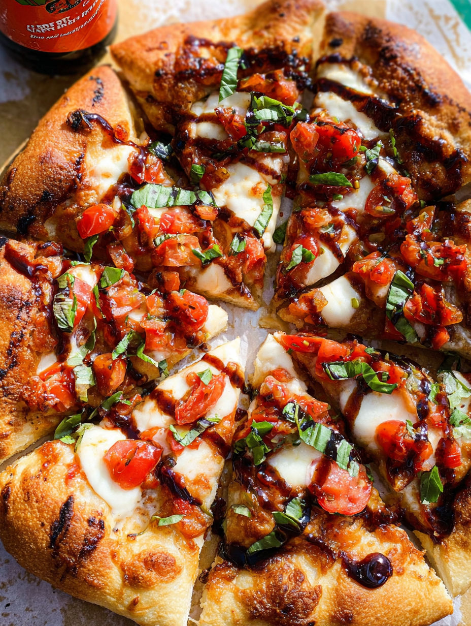 A slice of Bruschetta pizza with tomatoes and basil.