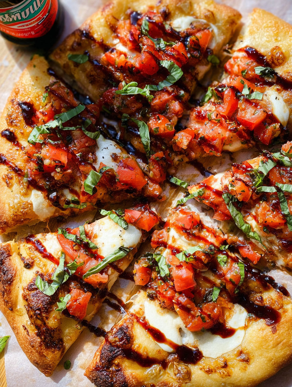 A slice of bruschetta pizza with tomatoes and basil.