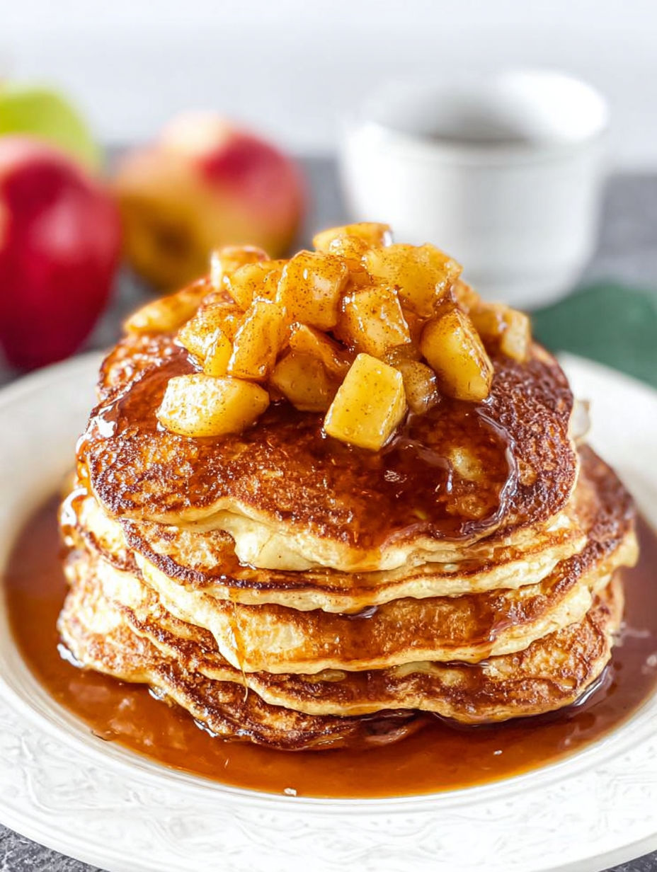 A stack of pancakes with apple cinnamon topping.