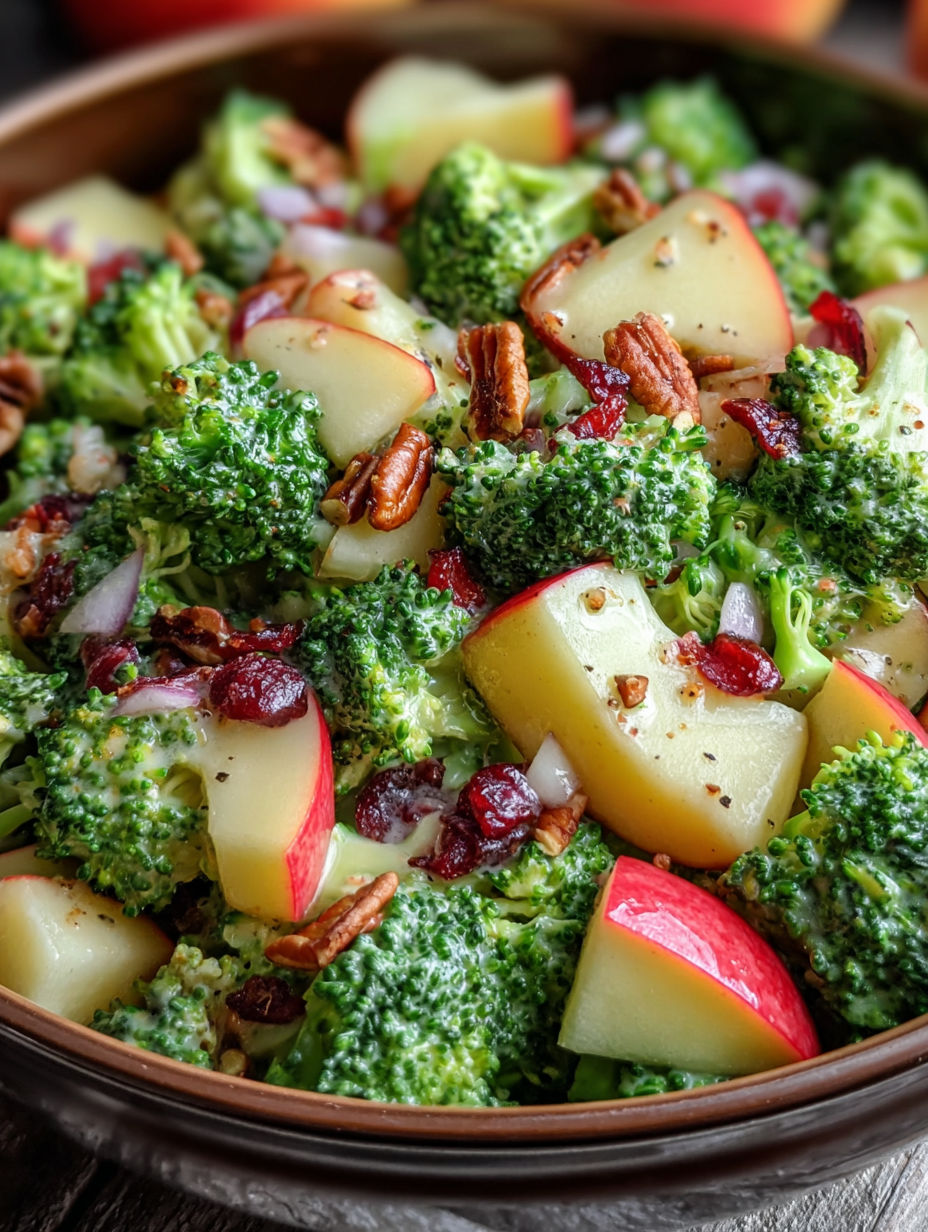 A bowl of Honeycrisp apples and broccoli.