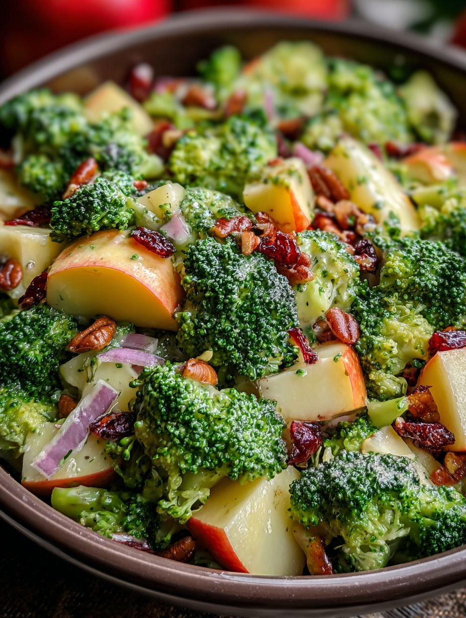 A bowl of broccoli salad with honeycrisp apples.