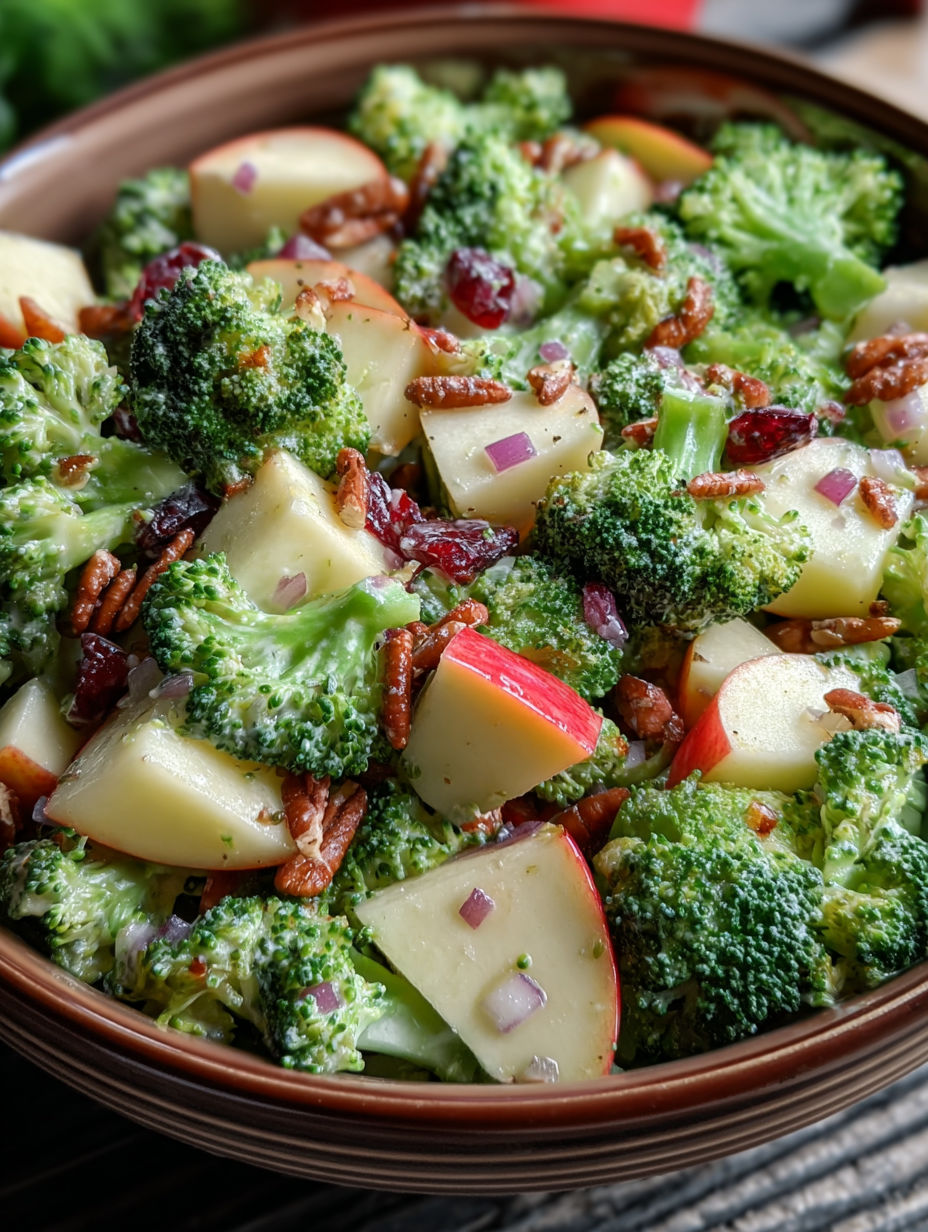 A bowl of broccoli and honeycrisp apples.