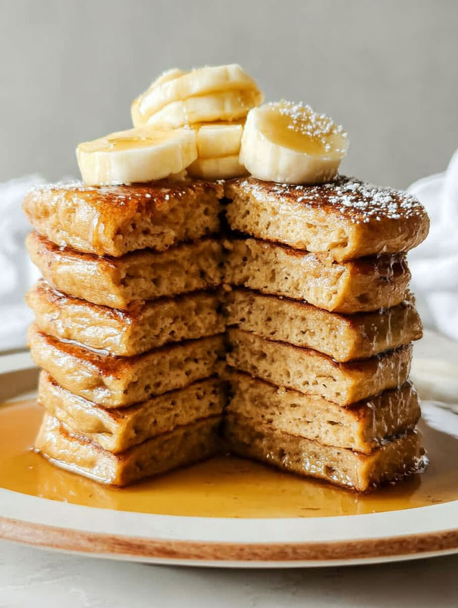 A stack of banana pancakes with syrup.