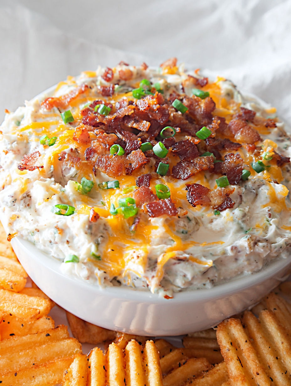 A loaded baked potato dip with bacon and cheese.