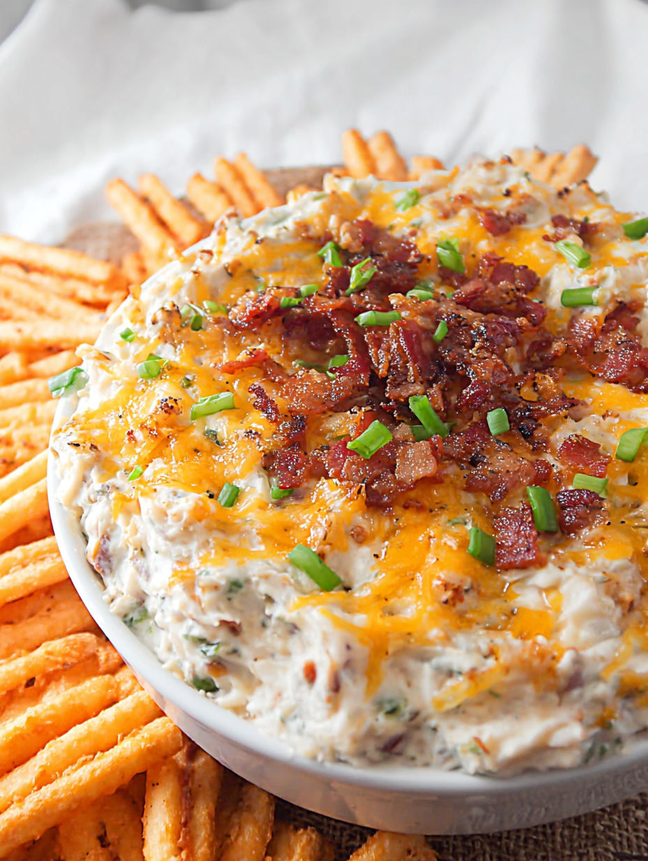 A loaded baked potato dip with bacon and cheese.