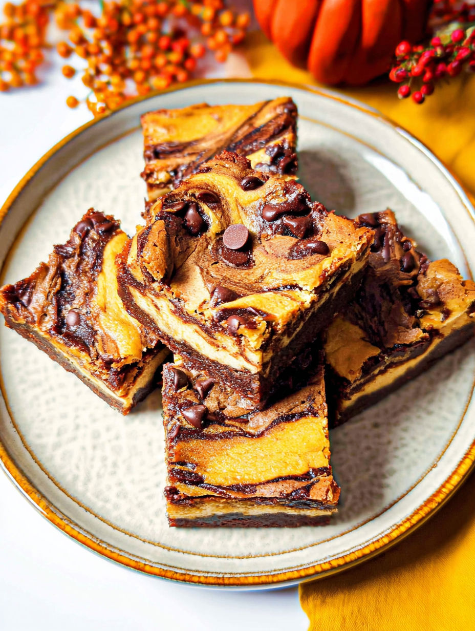 A plate of brownies with chocolate chips on top.