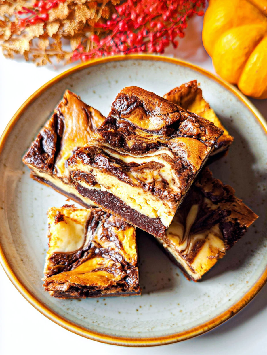 A plate of brownies with a pumpkin cheesecake topping.