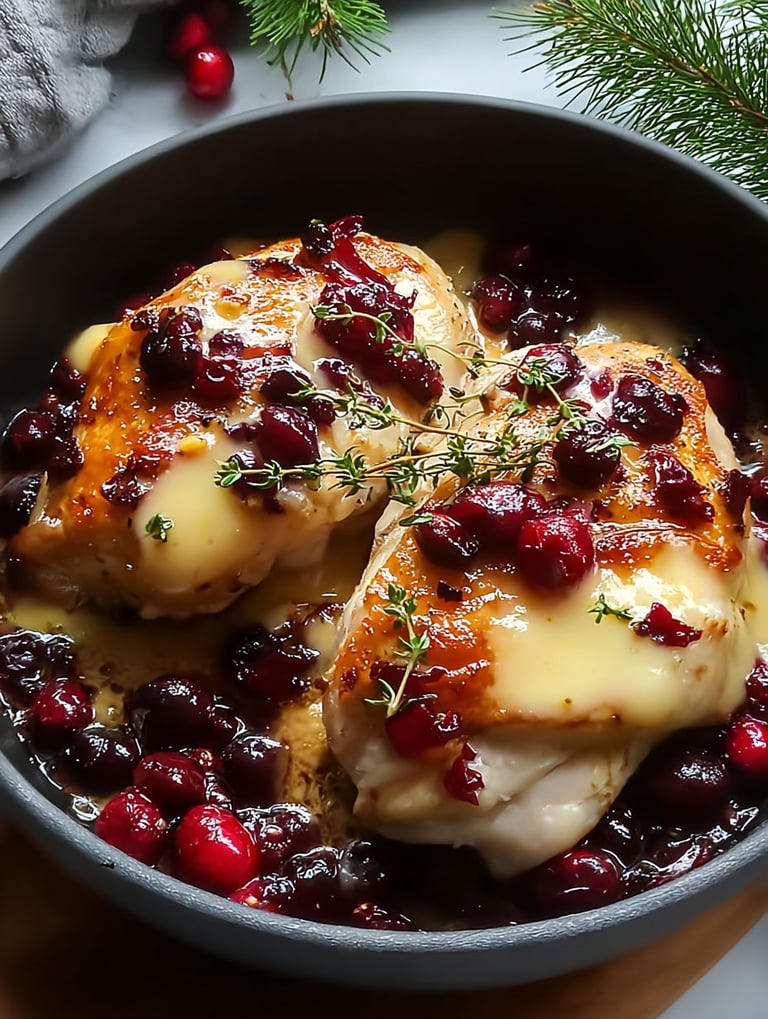 A dish of chicken with cranberries and cheese.
