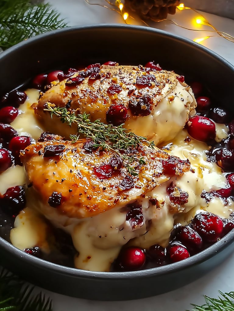 A dish of chicken with cranberries and brie cheese.