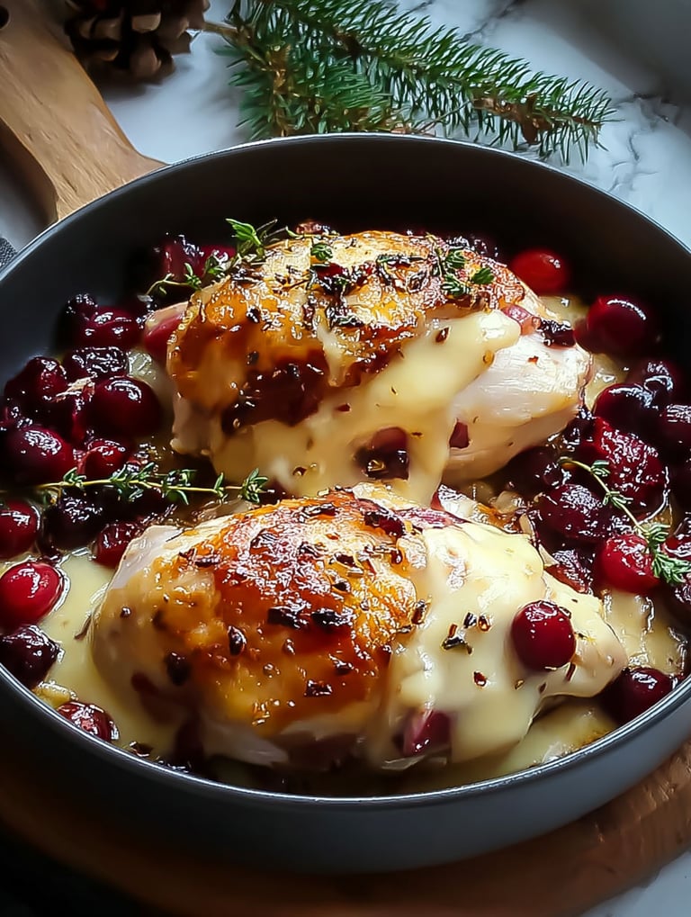 A pan of chicken with cranberries and brie cheese.