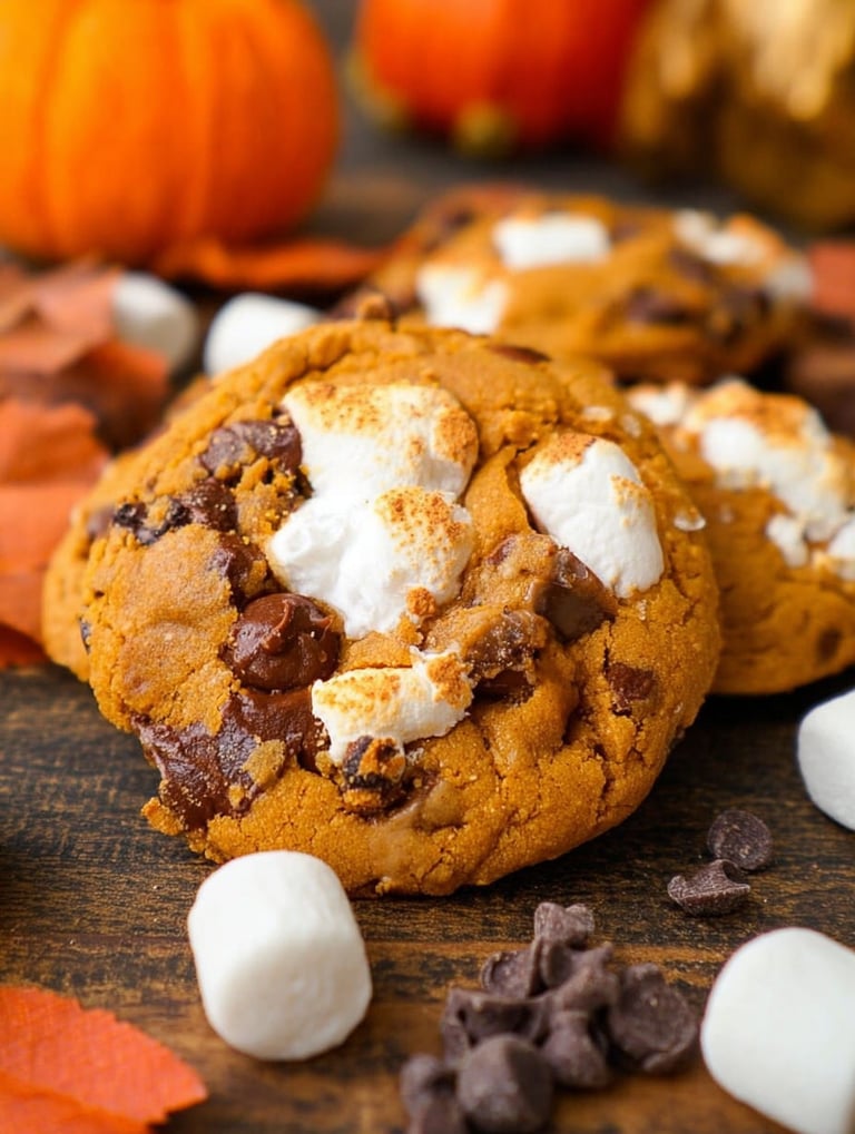 A close up of a pumpkin s'mores cookie.
