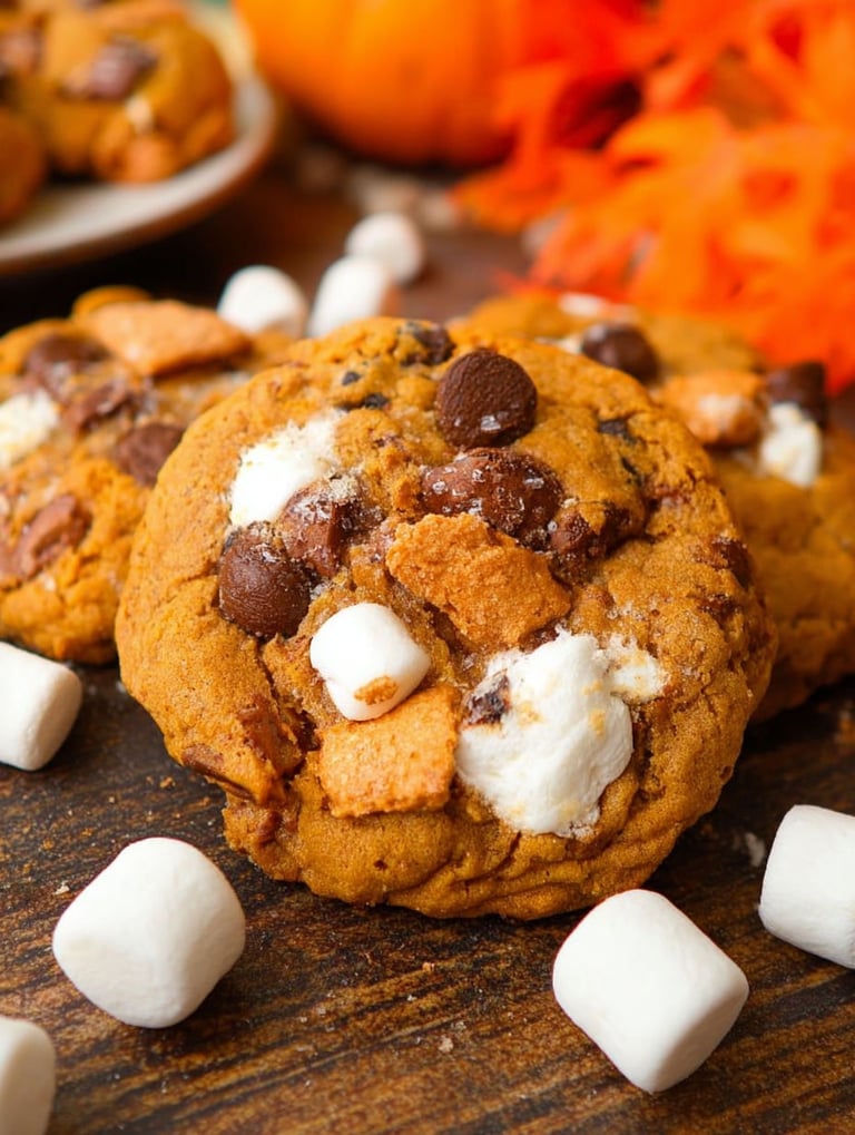 A close up of a chocolate chip cookie with marshmallows on top.